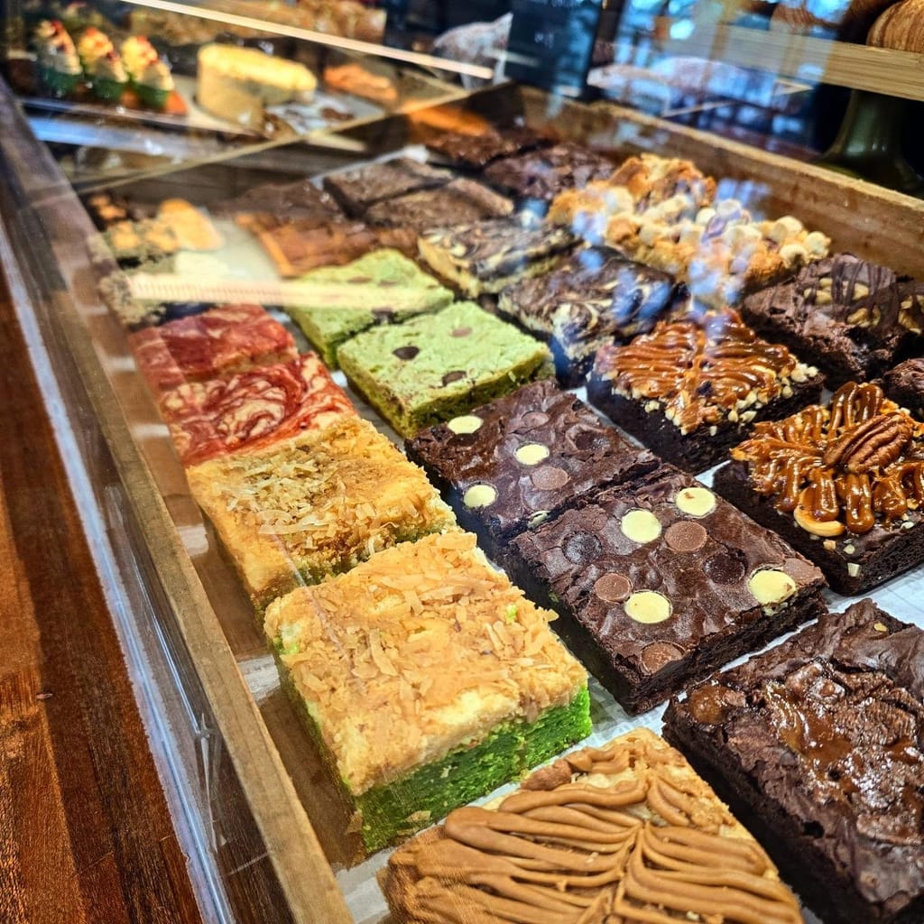 Assorted brownies including matcha, pecan caramel and marshmallow