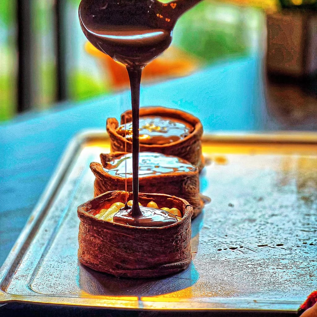 A baker pouring warm chocolate over freshly pressed waffles