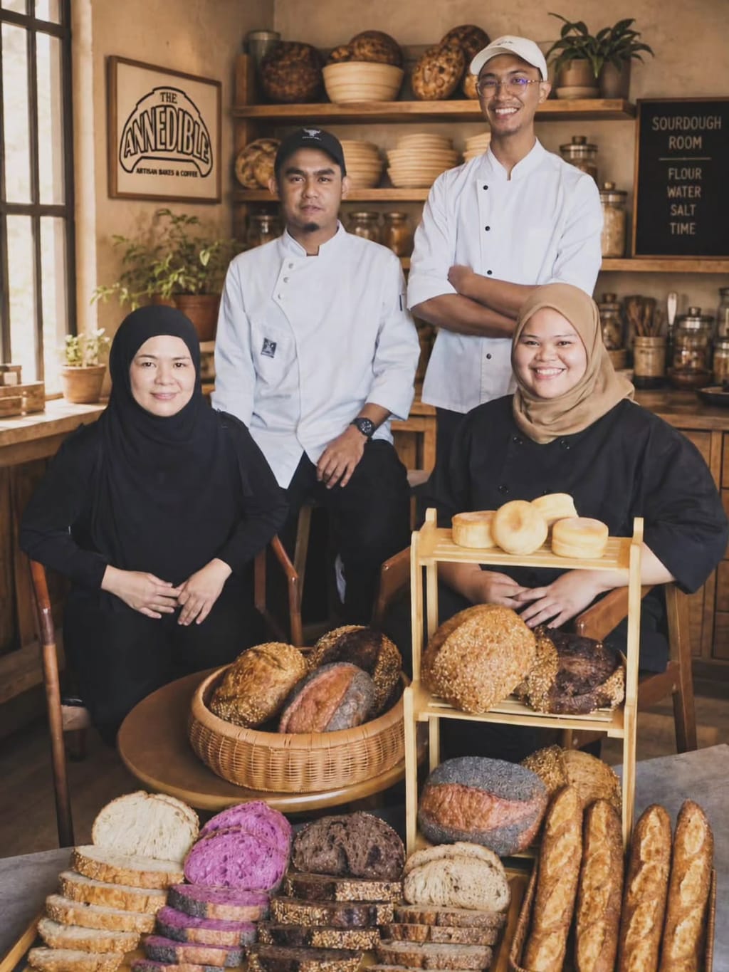 The AnnEdible bakery team posed with fresh sourdough loaves in front of the sourdough room
